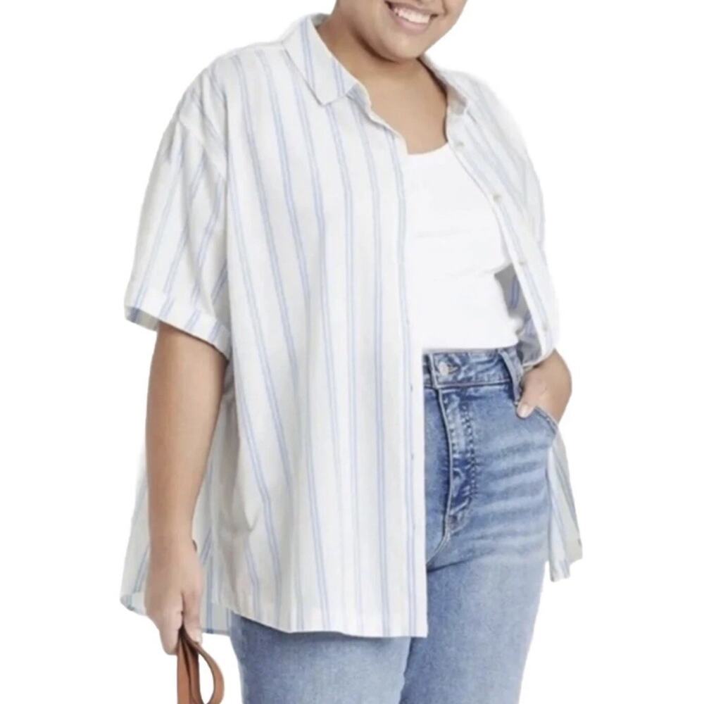 Ava & Viv Womens Top 2X Plus Oversized Button Up Striped Nautical